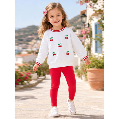 Baby Kids Girls Cherry Pattern Long Sleeves Sweatshirt and Red Pants 2-piece Clothing Set