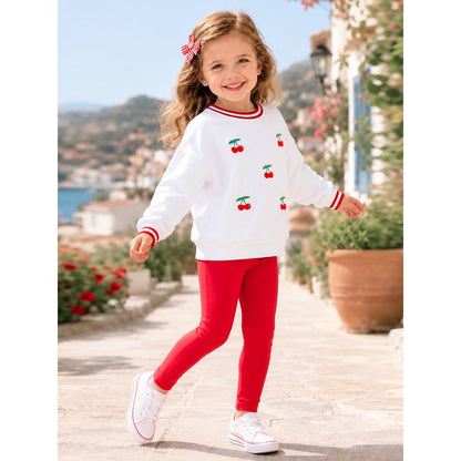 Baby Kids Girls Cherry Pattern Long Sleeves Sweatshirt and Red Pants 2-piece Clothing Set
