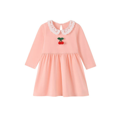 Baby Kids Girls Princess Cherry Pattern Lace Trim Collar Dress