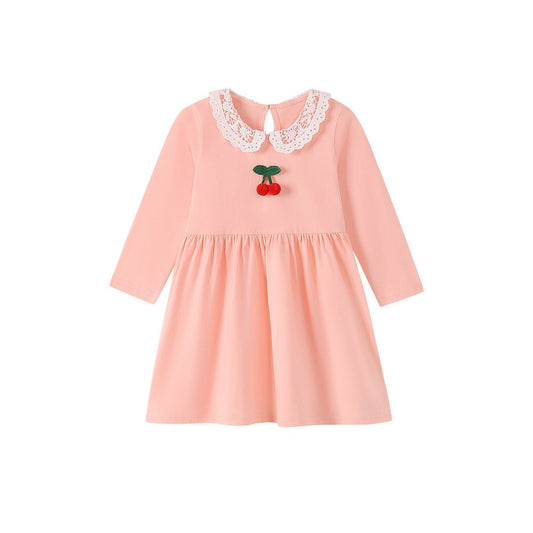 Baby Kids Girls Princess Cherry Pattern Lace Trim Collar Dress