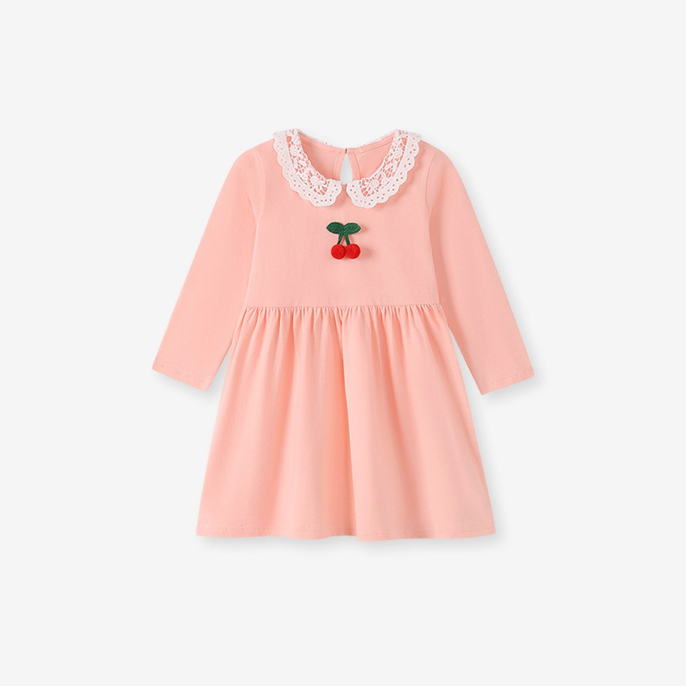 Baby Kids Girls Princess Cherry Pattern Lace Trim Collar Dress