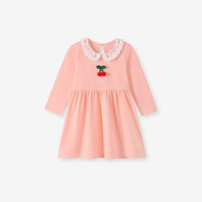 Baby Kids Girls Princess Cherry Pattern Lace Trim Collar Dress