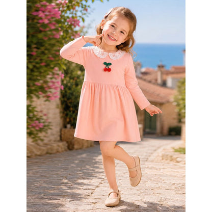 Baby Kids Girls Princess Cherry Pattern Lace Trim Collar Dress