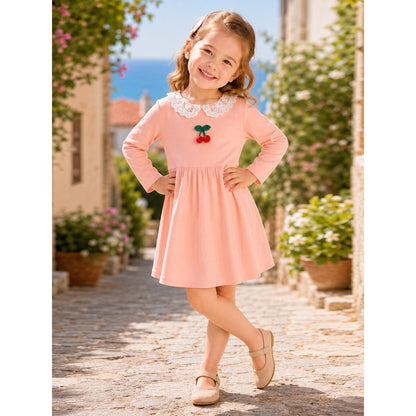 Baby Kids Girls Princess Cherry Pattern Lace Trim Collar Dress