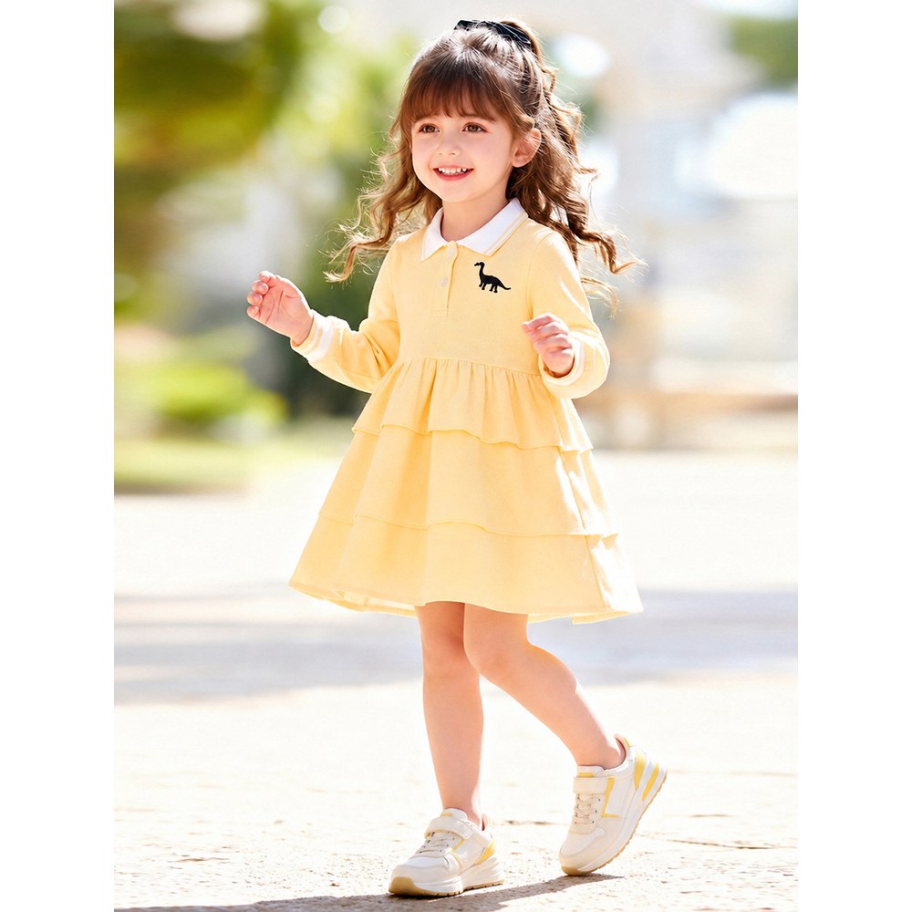 Baby Kids Girls Embroidery Turn-down Collar Dress