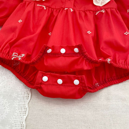 Baby Kids Girls Princess Long Sleeves Flowers Embroidered Collar Red Bodysuit