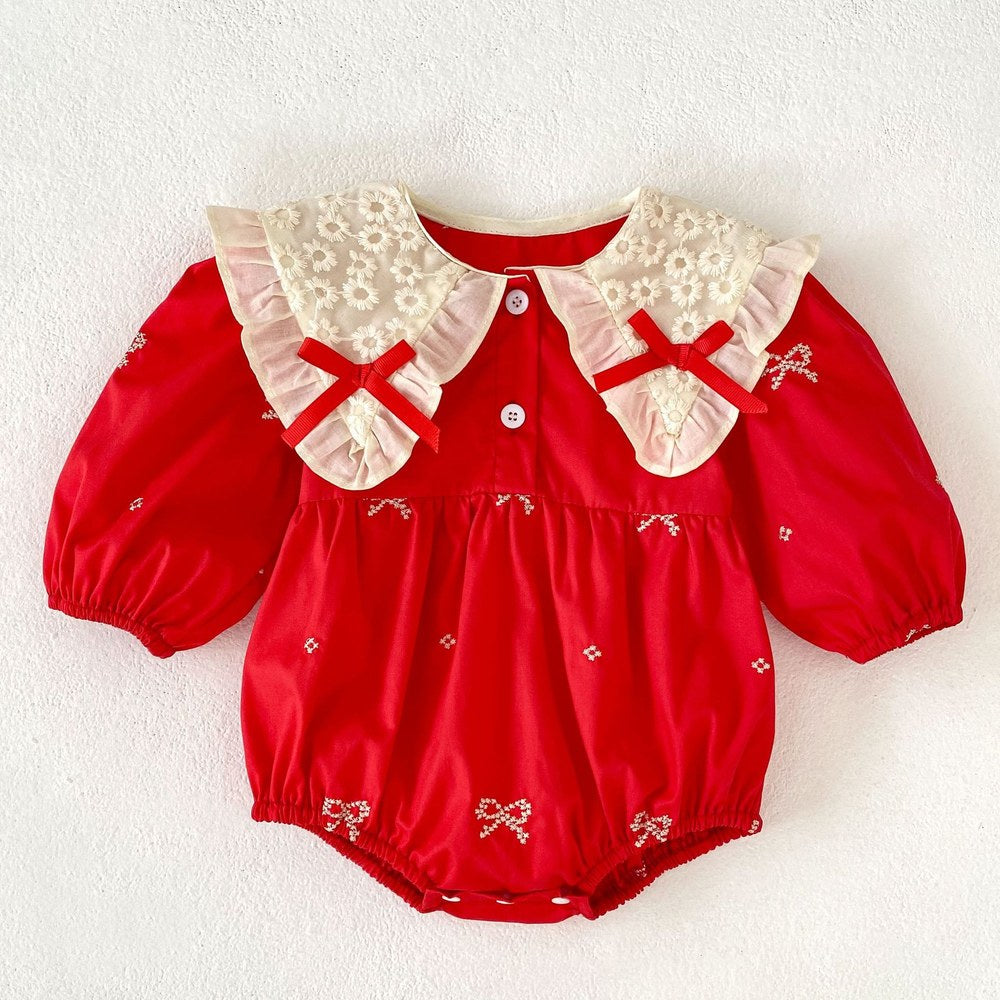 Baby Kids Girls Princess Long Sleeves Flowers Embroidered Collar Red Bodysuit