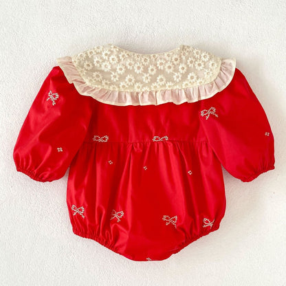 Baby Kids Girls Princess Long Sleeves Flowers Embroidered Collar Red Bodysuit
