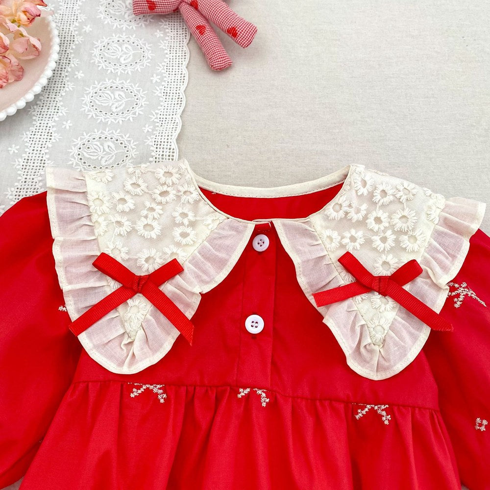 Baby Kids Girls Princess Long Sleeves Flowers Embroidered Collar Red Bodysuit