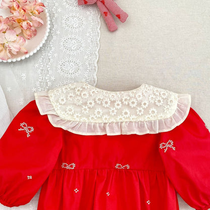 Baby Kids Girls Princess Long Sleeves Flowers Embroidered Collar Red Bodysuit