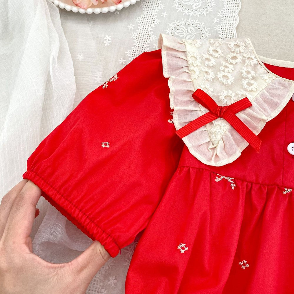 Baby Kids Girls Princess Long Sleeves Flowers Embroidered Collar Red Bodysuit