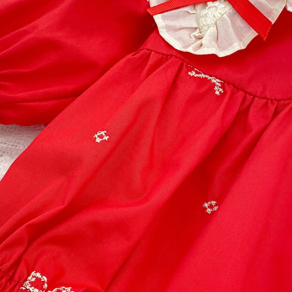Baby Kids Girls Princess Long Sleeves Flowers Embroidered Collar Red Bodysuit