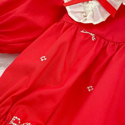 Baby Kids Girls Princess Long Sleeves Flowers Embroidered Collar Red Bodysuit