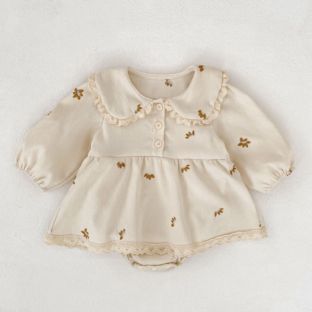 Baby Kids Girls Princess Long Sleeves Flowers Embroidered Pattern Bodysuit