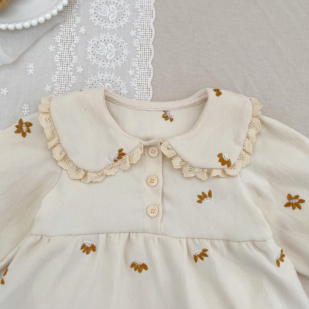Baby Kids Girls Princess Long Sleeves Flowers Embroidered Pattern Bodysuit