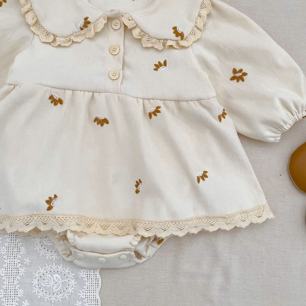 Baby Kids Girls Princess Long Sleeves Flowers Embroidered Pattern Bodysuit