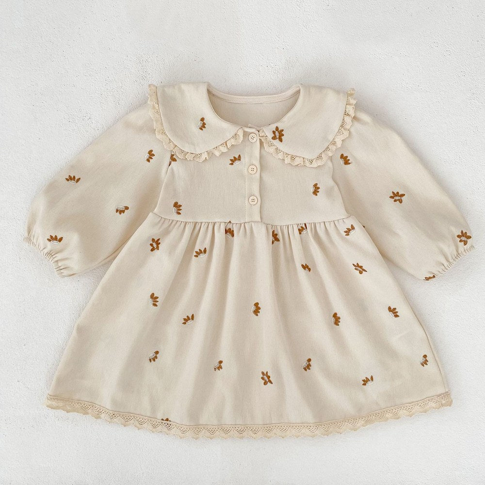 Baby Kids Girls Princess Long Sleeves Flowers Embroidered Pattern Dress