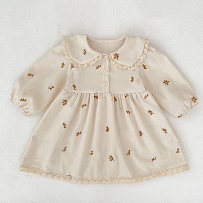 Baby Kids Girls Princess Long Sleeves Flowers Embroidered Pattern Dress