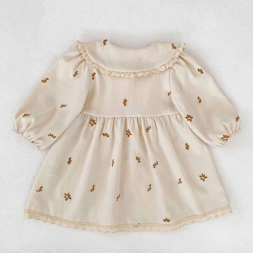 Baby Kids Girls Princess Long Sleeves Flowers Embroidered Pattern Dress