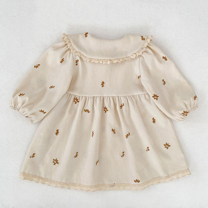 Baby Kids Girls Princess Long Sleeves Flowers Embroidered Pattern Dress