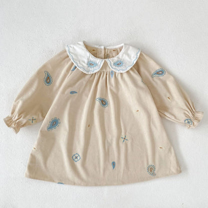 Baby Kids Girls Princess Long Sleeves Geometric Embroidered Pattern Dress