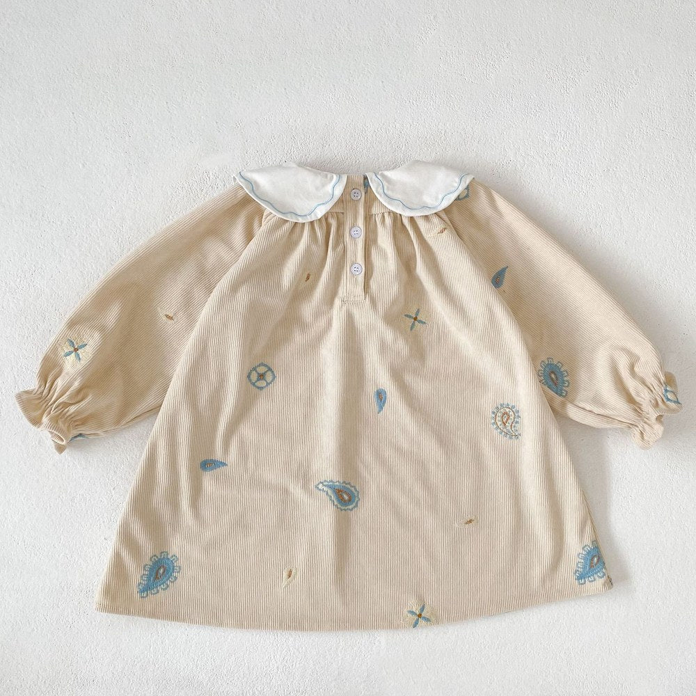 Baby Kids Girls Princess Long Sleeves Geometric Embroidered Pattern Dress