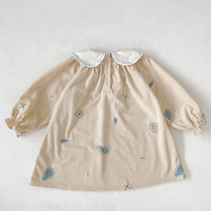 Baby Kids Girls Princess Long Sleeves Geometric Embroidered Pattern Dress