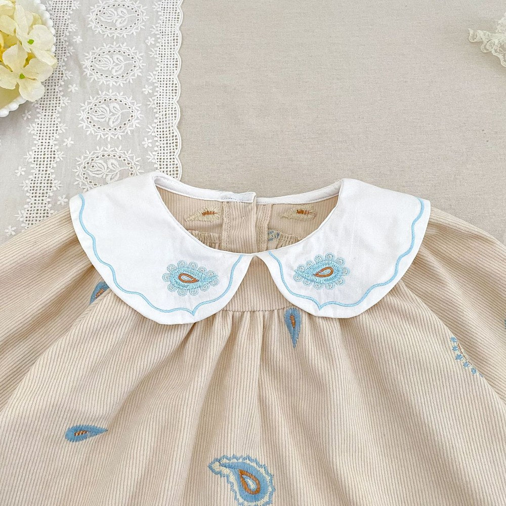 Baby Kids Girls Princess Long Sleeves Geometric Embroidered Pattern Dress