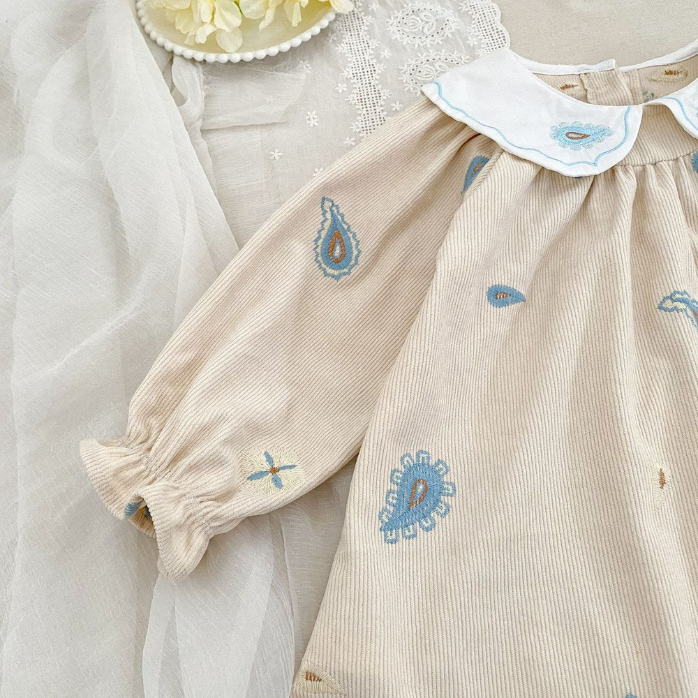 Baby Kids Girls Princess Long Sleeves Geometric Embroidered Pattern Dress