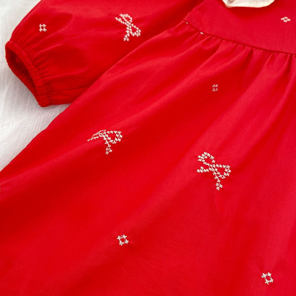 Baby Kids Girls Princess Long Sleeves Flowers Embroidered Collar Red Dress
