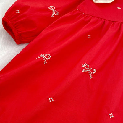 Baby Kids Girls Princess Long Sleeves Flowers Embroidered Collar Red Dress