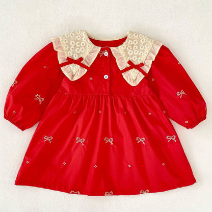 Baby Kids Girls Princess Long Sleeves Flowers Embroidered Collar Red Dress