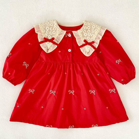 Baby Kids Girls Princess Long Sleeves Flowers Embroidered Collar Red Dress