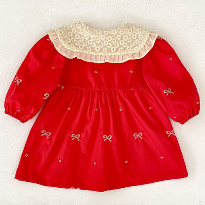 Baby Kids Girls Princess Long Sleeves Flowers Embroidered Collar Red Dress