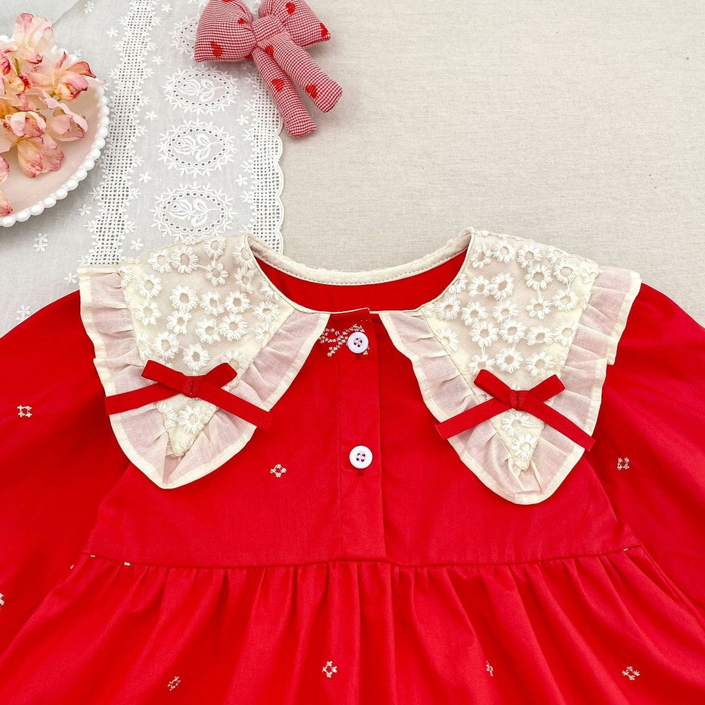 Baby Kids Girls Princess Long Sleeves Flowers Embroidered Collar Red Dress