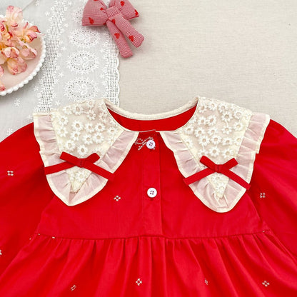 Baby Kids Girls Princess Long Sleeves Flowers Embroidered Collar Red Dress