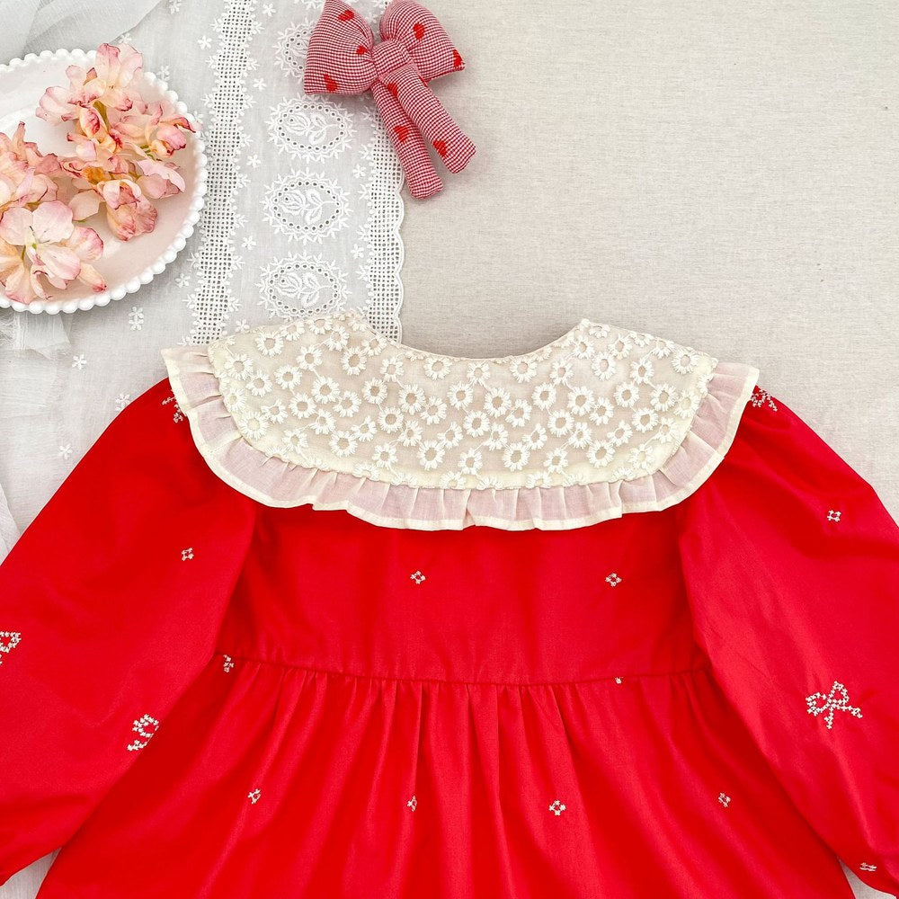 Baby Kids Girls Princess Long Sleeves Flowers Embroidered Collar Red Dress