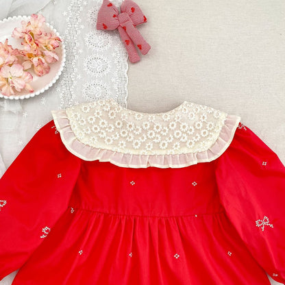 Baby Kids Girls Princess Long Sleeves Flowers Embroidered Collar Red Dress