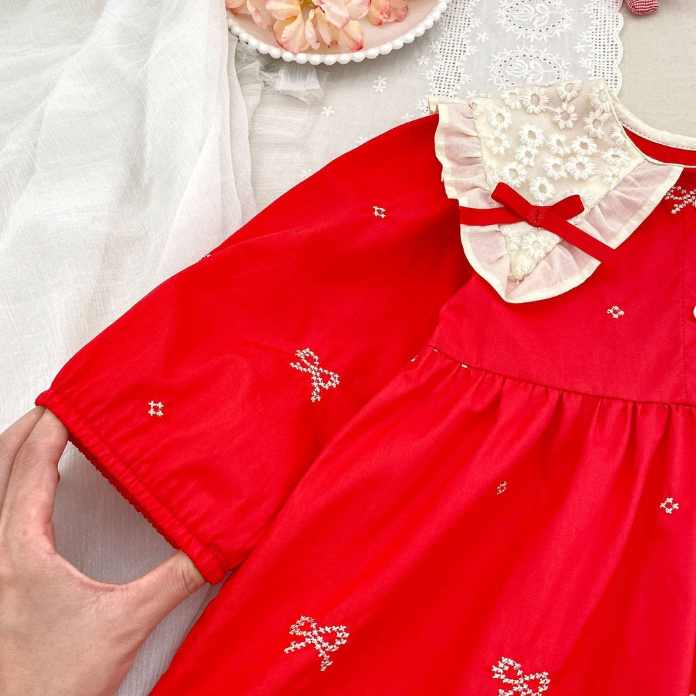 Baby Kids Girls Princess Long Sleeves Flowers Embroidered Collar Red Dress
