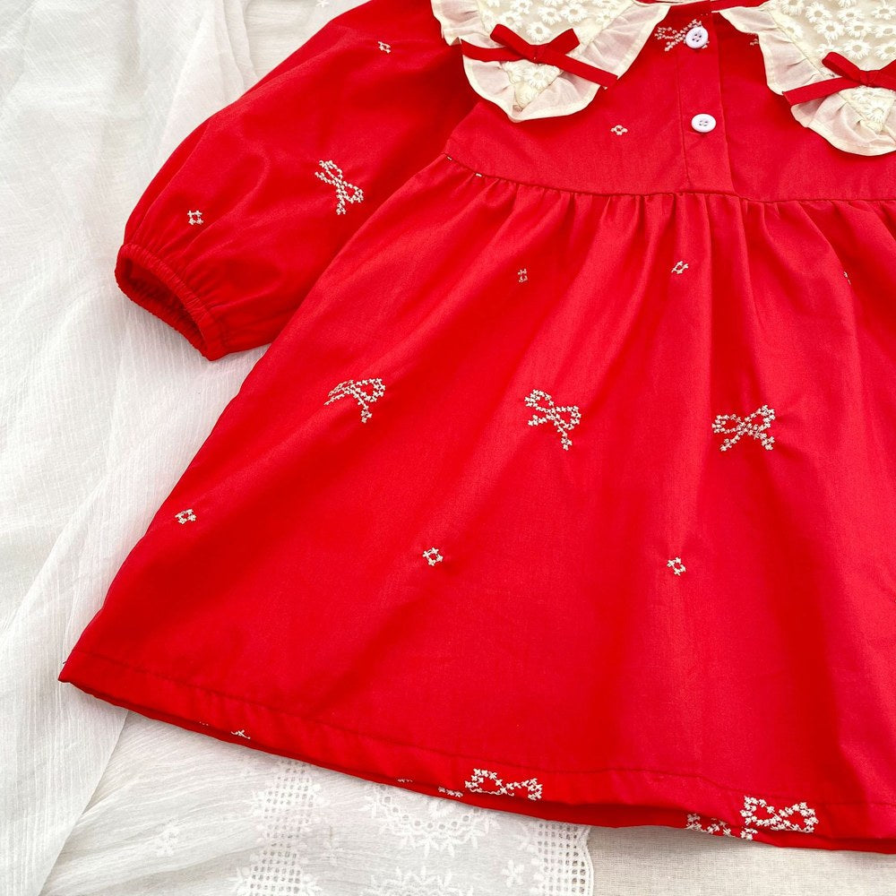 Baby Kids Girls Princess Long Sleeves Flowers Embroidered Collar Red Dress