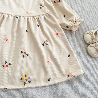 Baby Kids Girls Princess Long Sleeves Flowers Embroidered Dress