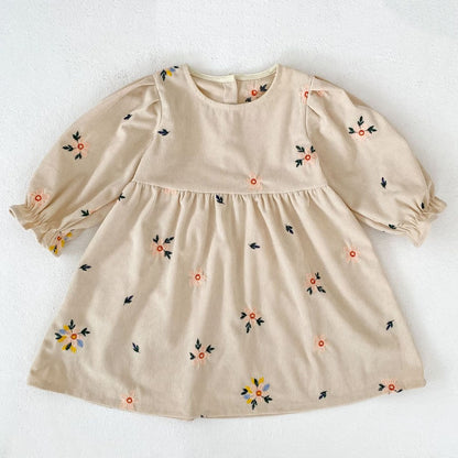 Baby Kids Girls Princess Long Sleeves Flowers Embroidered Dress