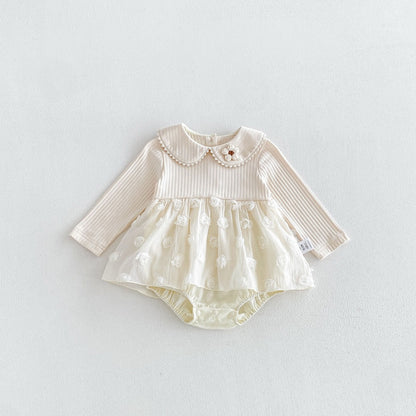 Baby Girls Long Sleeves Flowers Embroidered Pattern Tulle Onesies Dress