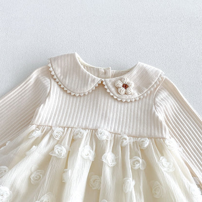 Baby Girls Long Sleeves Flowers Embroidered Pattern Tulle Onesies Dress