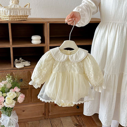Baby Girls Long Sleeves Flowers Embroidered Pattern Tulle Lace Trim Onesies Dress