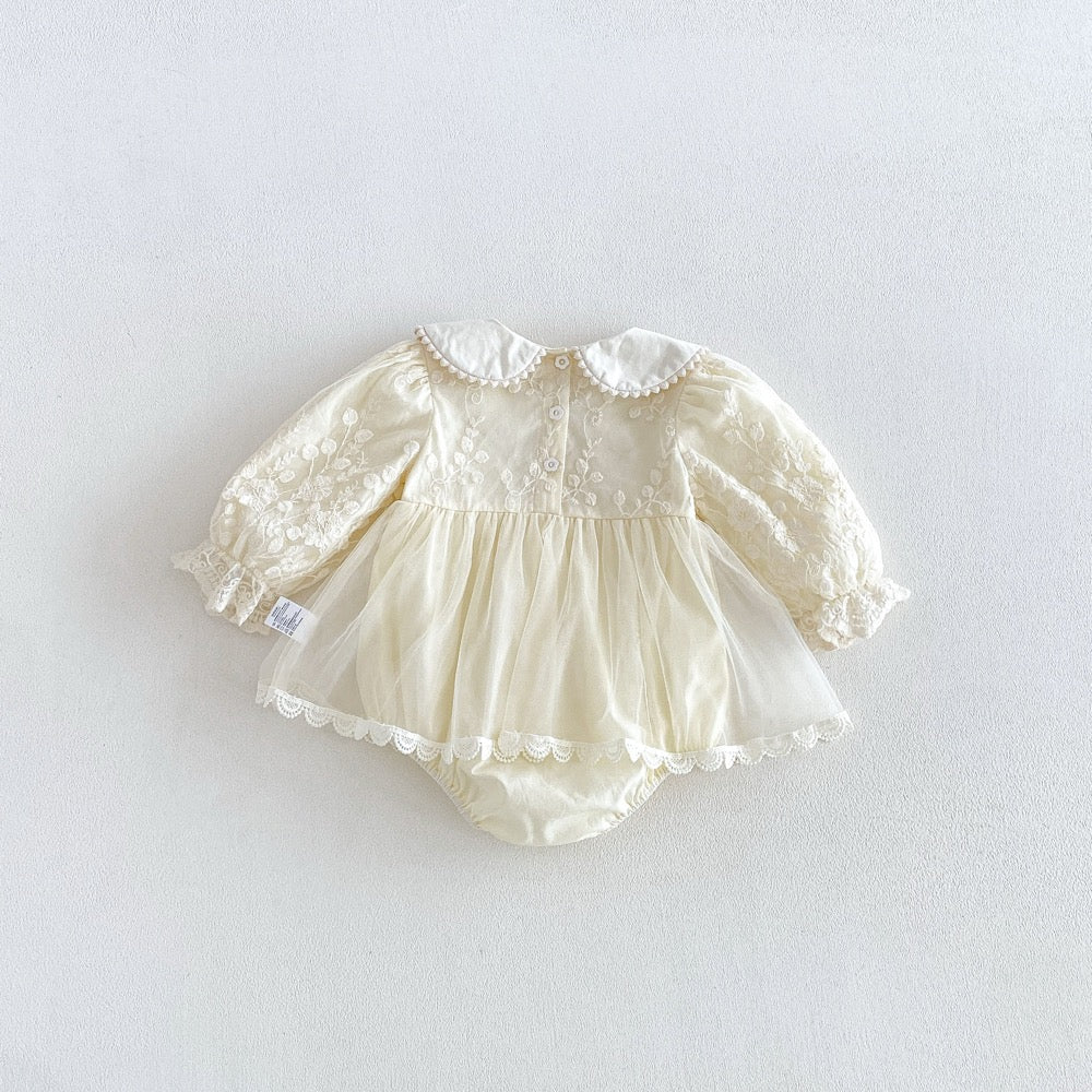 Baby Girls Long Sleeves Flowers Embroidered Pattern Tulle Lace Trim Onesies Dress