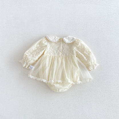 Baby Girls Long Sleeves Flowers Embroidered Pattern Tulle Lace Trim Onesies Dress