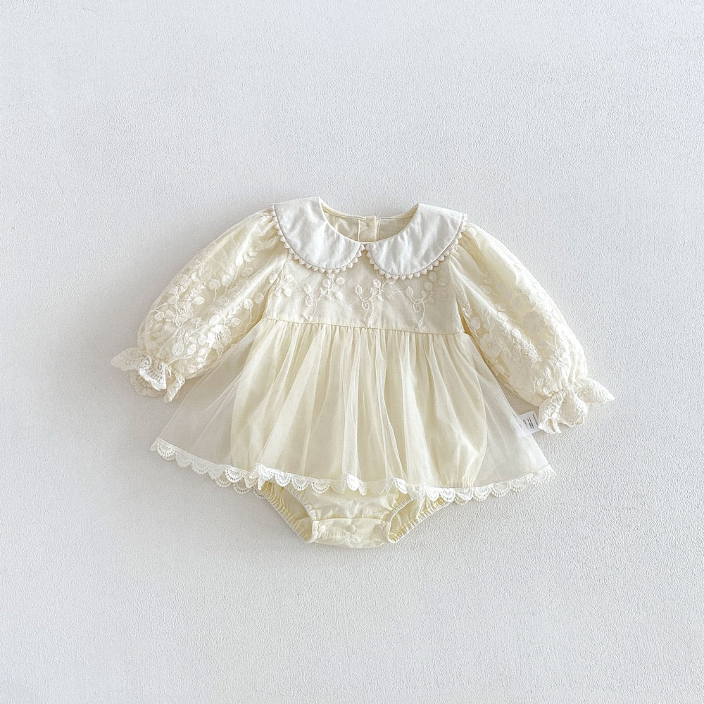 Baby Girls Long Sleeves Flowers Embroidered Pattern Tulle Lace Trim Onesies Dress