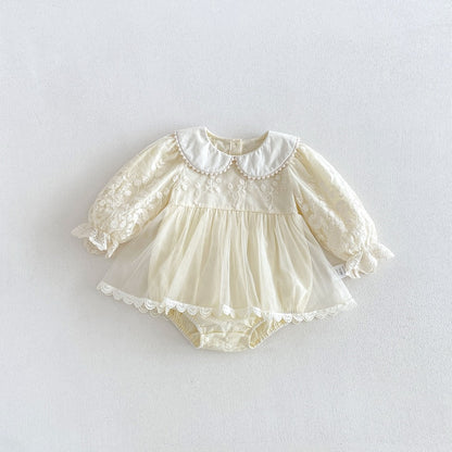 Baby Girls Long Sleeves Flowers Embroidered Pattern Tulle Lace Trim Onesies Dress