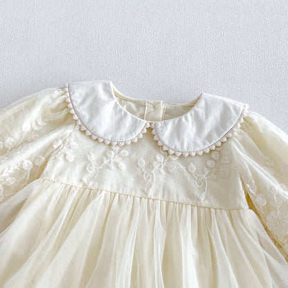 Baby Girls Long Sleeves Flowers Embroidered Pattern Tulle Lace Trim Onesies Dress